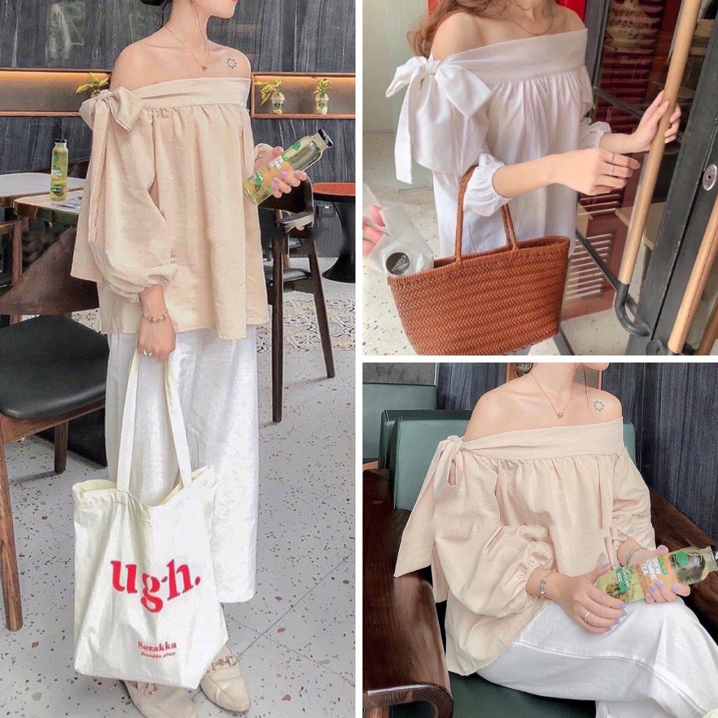 Áo đũi trễ vai thắt nơ tiểu thư