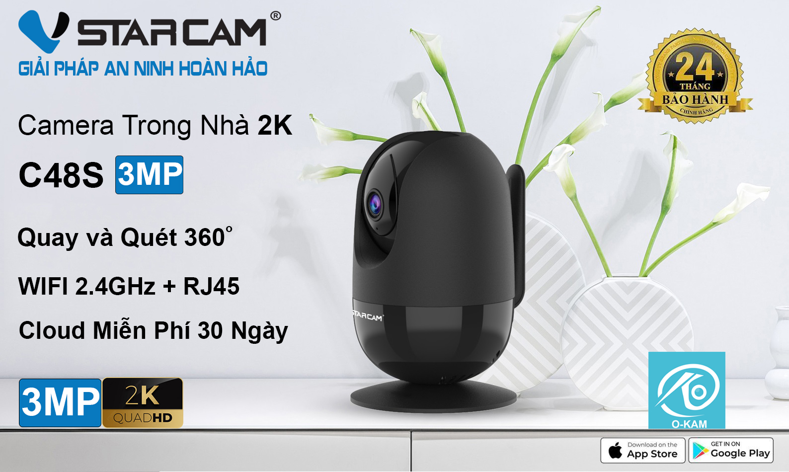 Camera IP Wifi STARCAM C48S 3MP Robo Chính hãng (Đàm thoại 2 chiều, Hồng ngoại 10m, Có LAN, Kèm nguồn 5V)