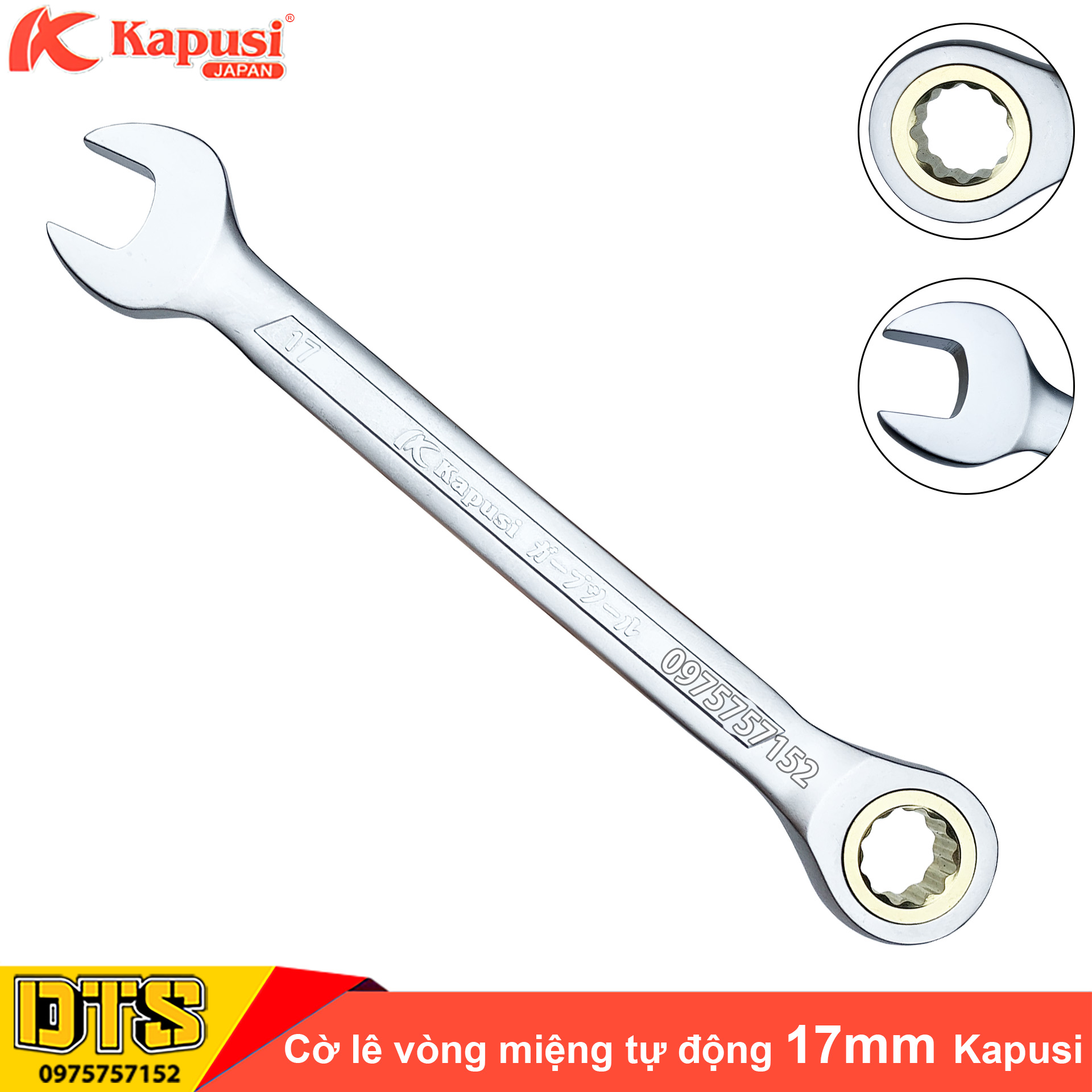 Cờ lê vòng miệng tự động 17mm Kapusi Japan, thép CR-V chịu lực cao 50BV30, đầu tròng xoay bánh cóc 72 răng - Cờ lê tự động xoay 360 độ, cờ lê bánh cóc, cờ lê tròng xoay