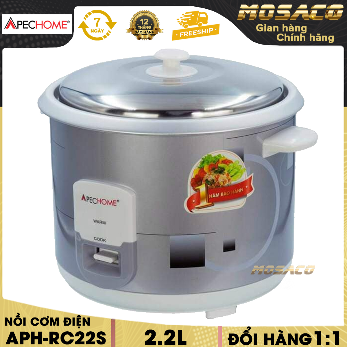 Nồi cơm điện nắp rời Apechome APH-RC22S 2.2L. Nồi cơm điện 700W chất liệu lòng nồi hợp kim nhôm phủ men chống dính chất liệu vỏ kim loại sơn tĩnh điện, nhựa ABS chất liệu nắp Inox - MOSACO