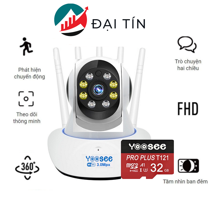 Camera wifi yoosee 5 râu 8 led 3.0mpx full hd - xem đêm có màu - xoay 360 độ