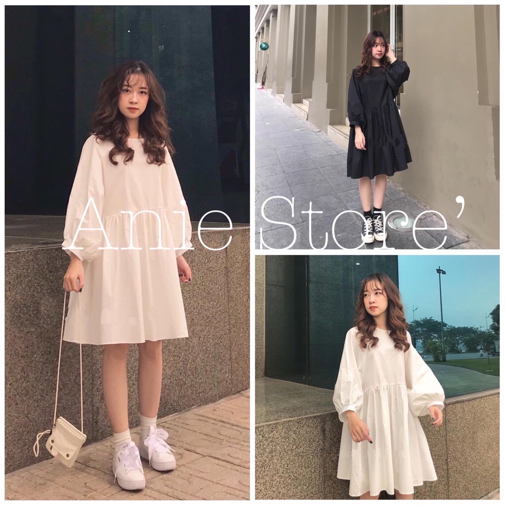 Váy babydoll tay phồng 🦋 đầm nữ trơn dáng xòe 2 màu 🦋