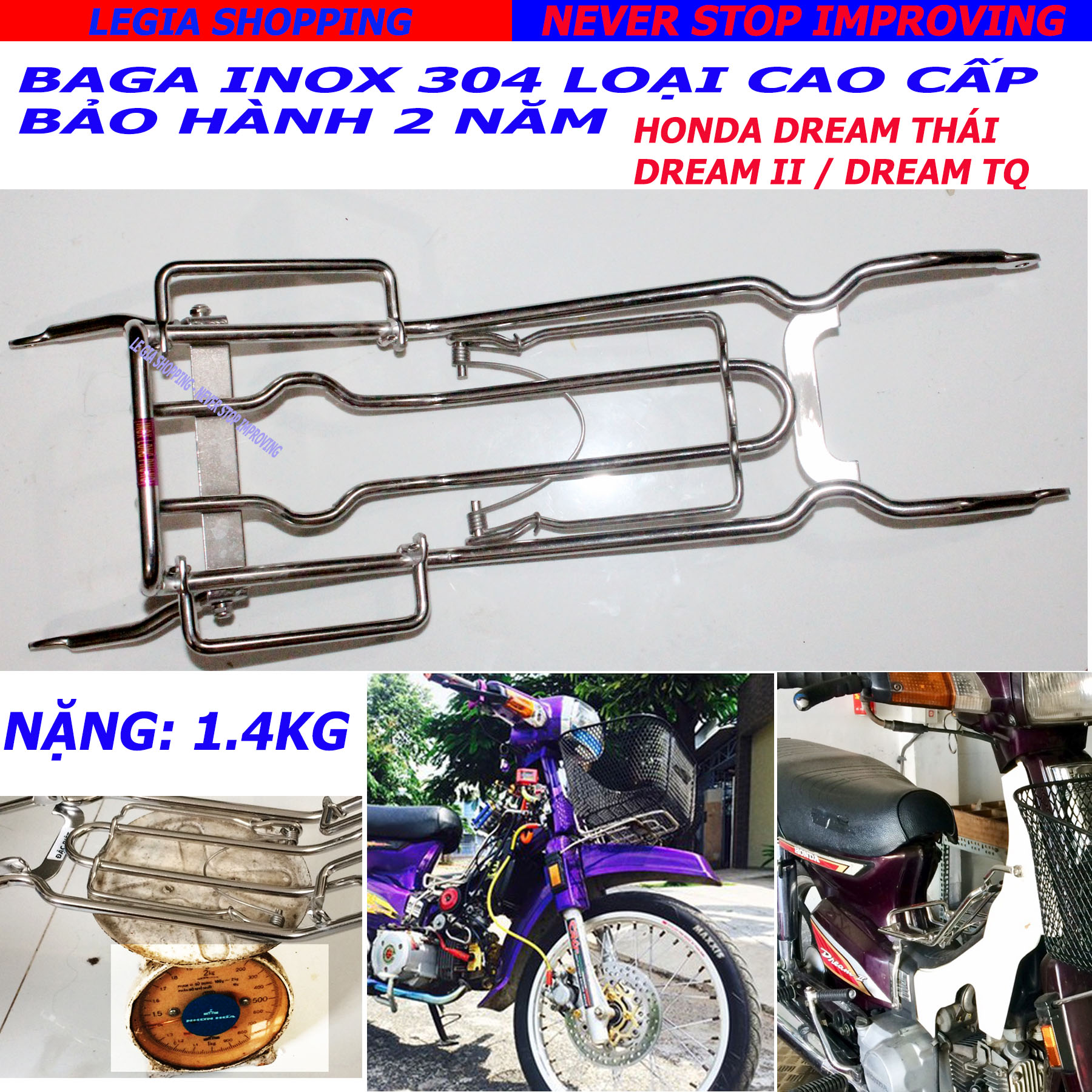 BAGA INOX 304 LONG PHỤNG GẮN HONDA DREAM II / DREAM THÁI / DREAM TQ