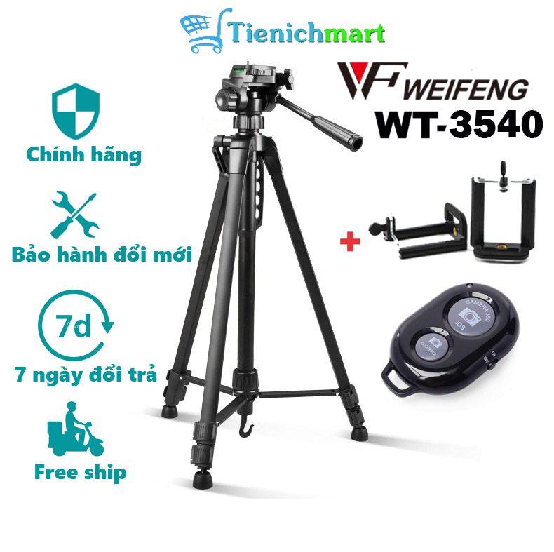 Tripod điện thoại, chân máy ảnh Weifeng WT-3540 cao 1,6m khung nhôm, chụp ảnh quay phim livestream - Tặng kẹp điện thoại