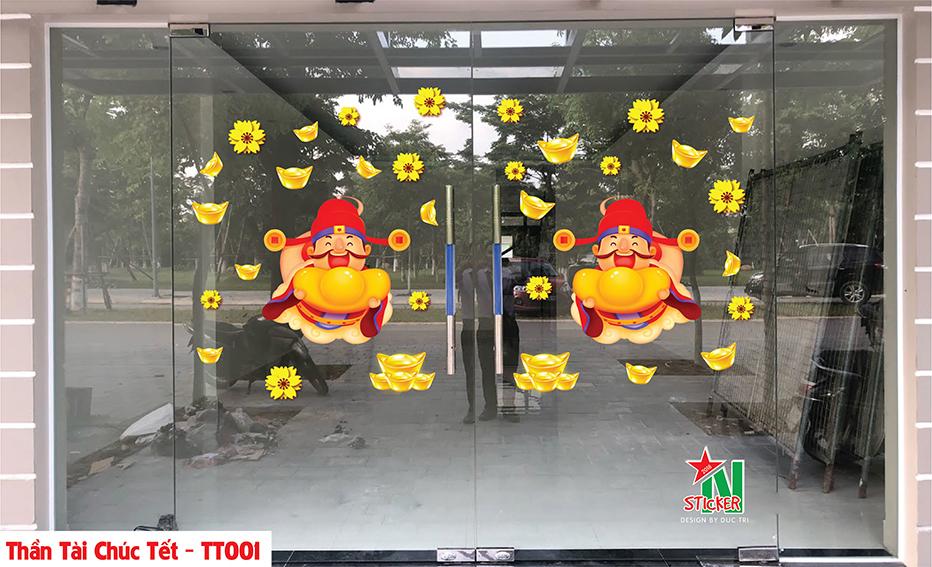 Thần tài chúc tết, decal trang trí tết, tết thuần việt, thần tài 2021, hoa mai trang trí tết, tiền vàng tết dùng để trang trí cửa hàng, công ty, nhà cửa trong những ngày tết
