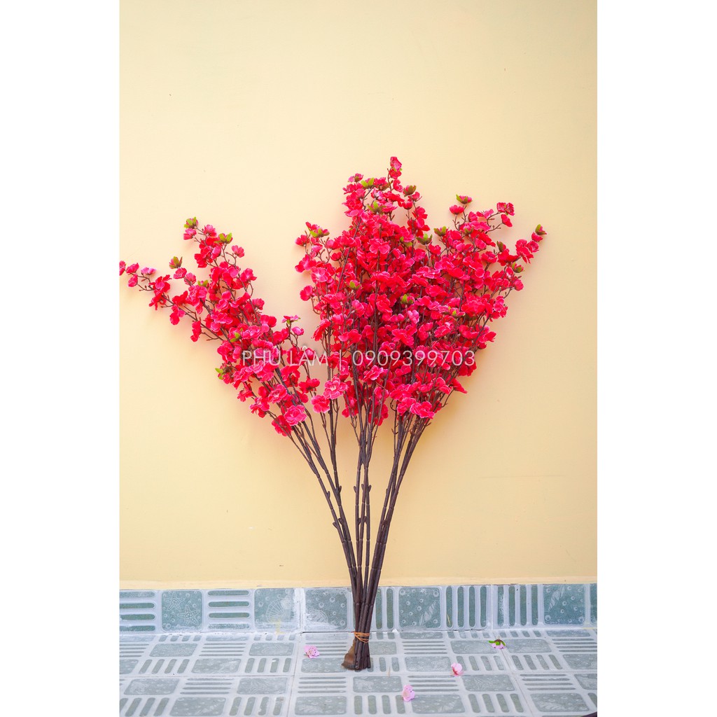 5 Cành hoa mai vàng, Cành hoa đào hồng giả dài 1m hàng đẹp loại 1