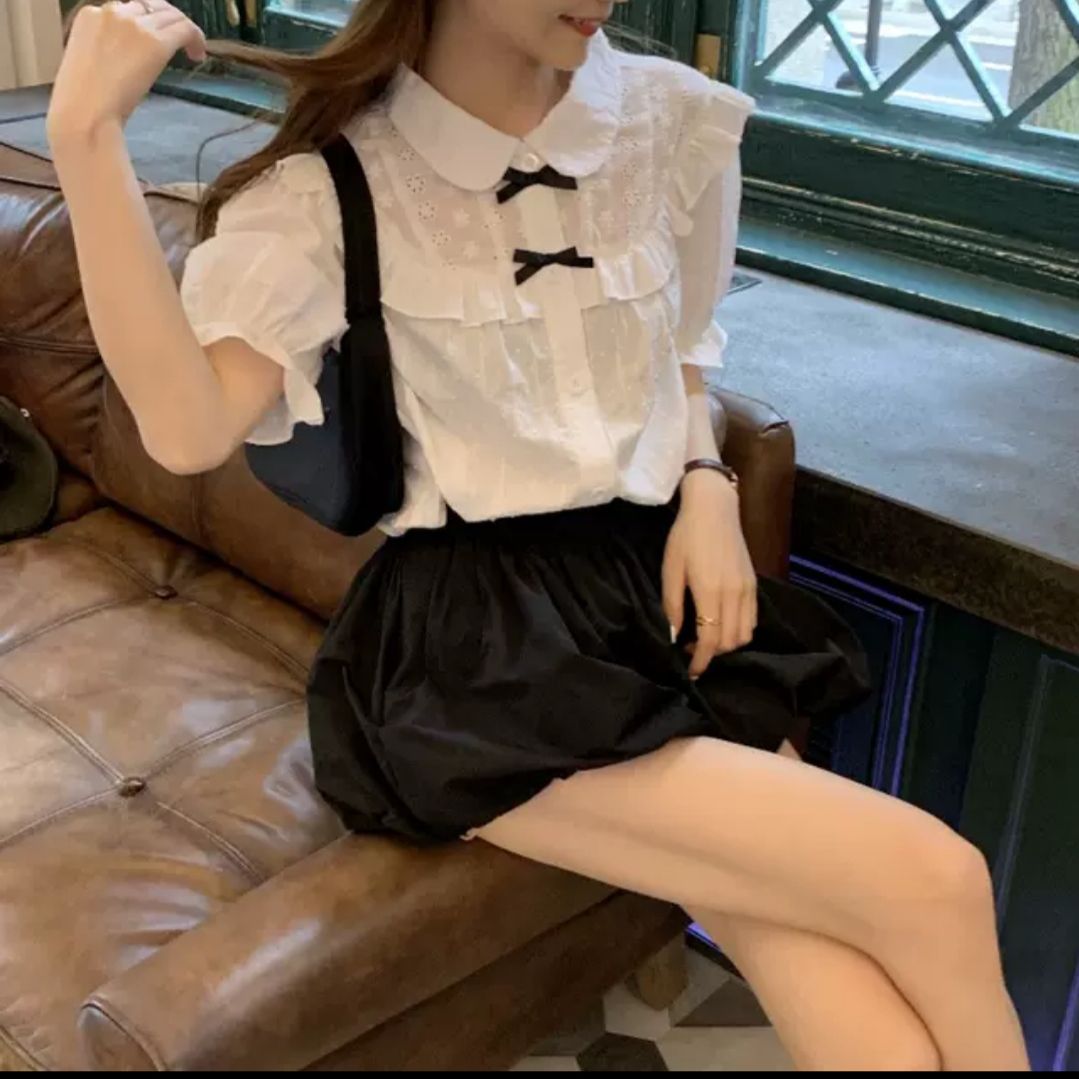 Áo sơ mi cộc tay 2nơ vintage tiểu thư ảnh thật