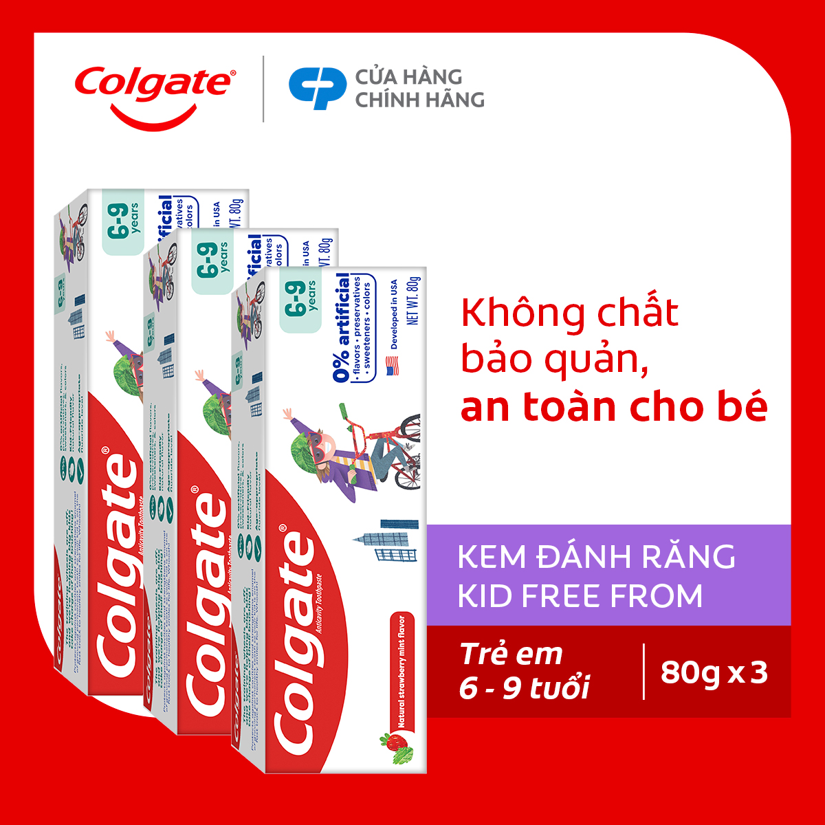 Bộ 3 Kem đánh răng Colgate Kid Free From dành cho trẻ em 6-9 tuổi không hương liệu và chất bảo quản 80g 