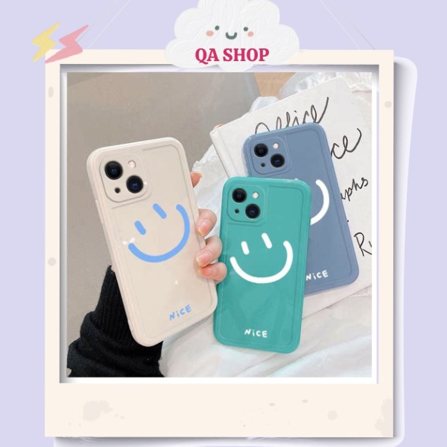 Ốp lưng tráng gương cạnh vuông, hoạ tiết hoạt hình mặt cười, NICE dễ thương giành cho iρhone 13