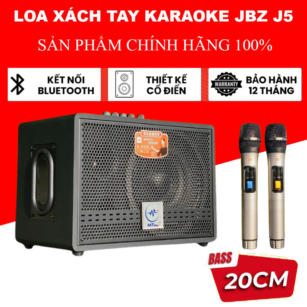 Loa Xách Tay Karaoke JBZ J5 Loa Bass 20cm Siêu Trầm Kèm 2 Micro Không Dây Bảo Hành 12 Tháng Kết Nối Bluetooth USB AUX TF MIC Chỉnh Âm Bass Treble Echo Độ Trầm Độ Thanh Thời Gian Sử Dụng 46 Tiếng