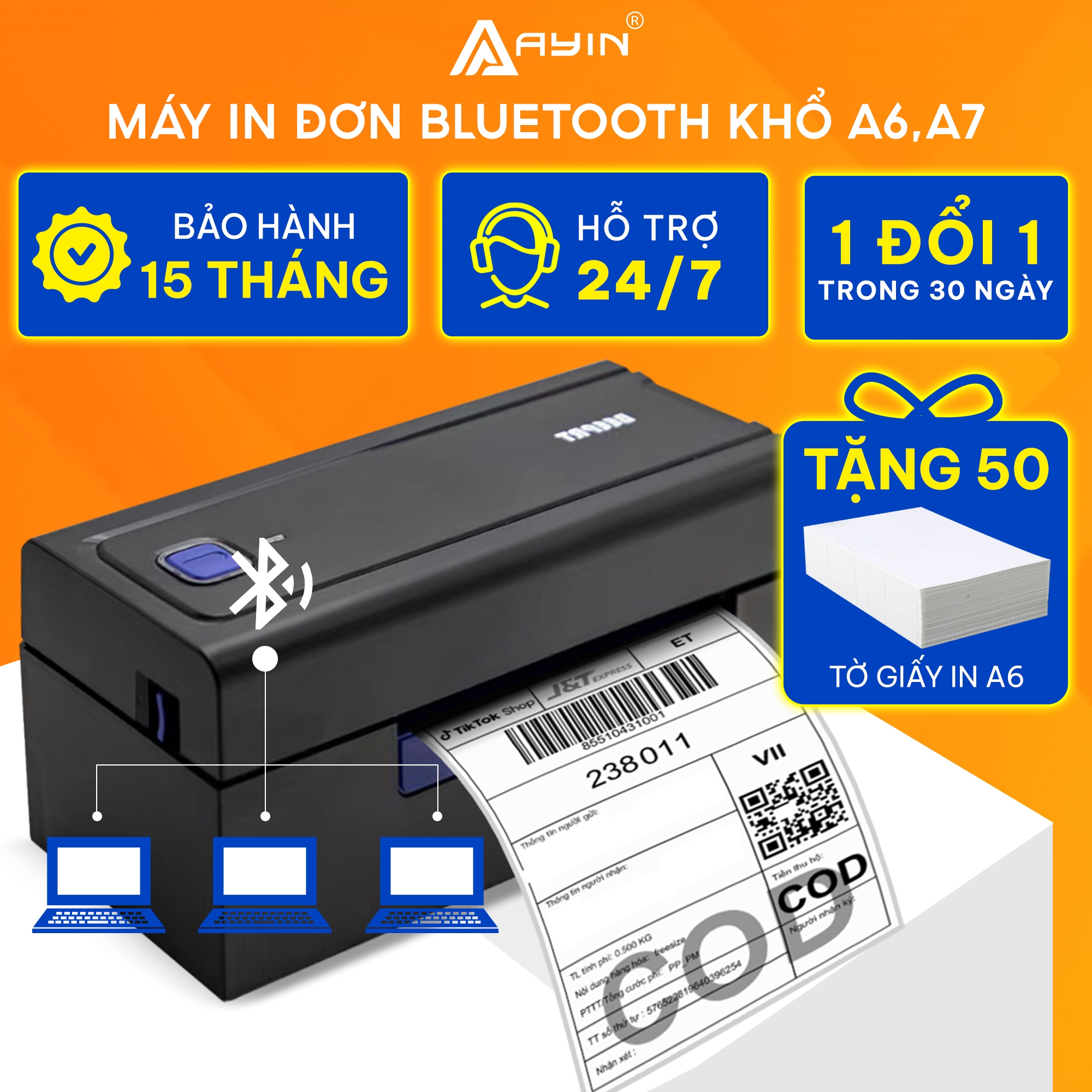 Máy in nhiệt Bluetooth AYIN 480BT in đơn sàn TMĐT qua điện thoại in mã vận đơn in tem mã vạch logo sticker tự thiết kê