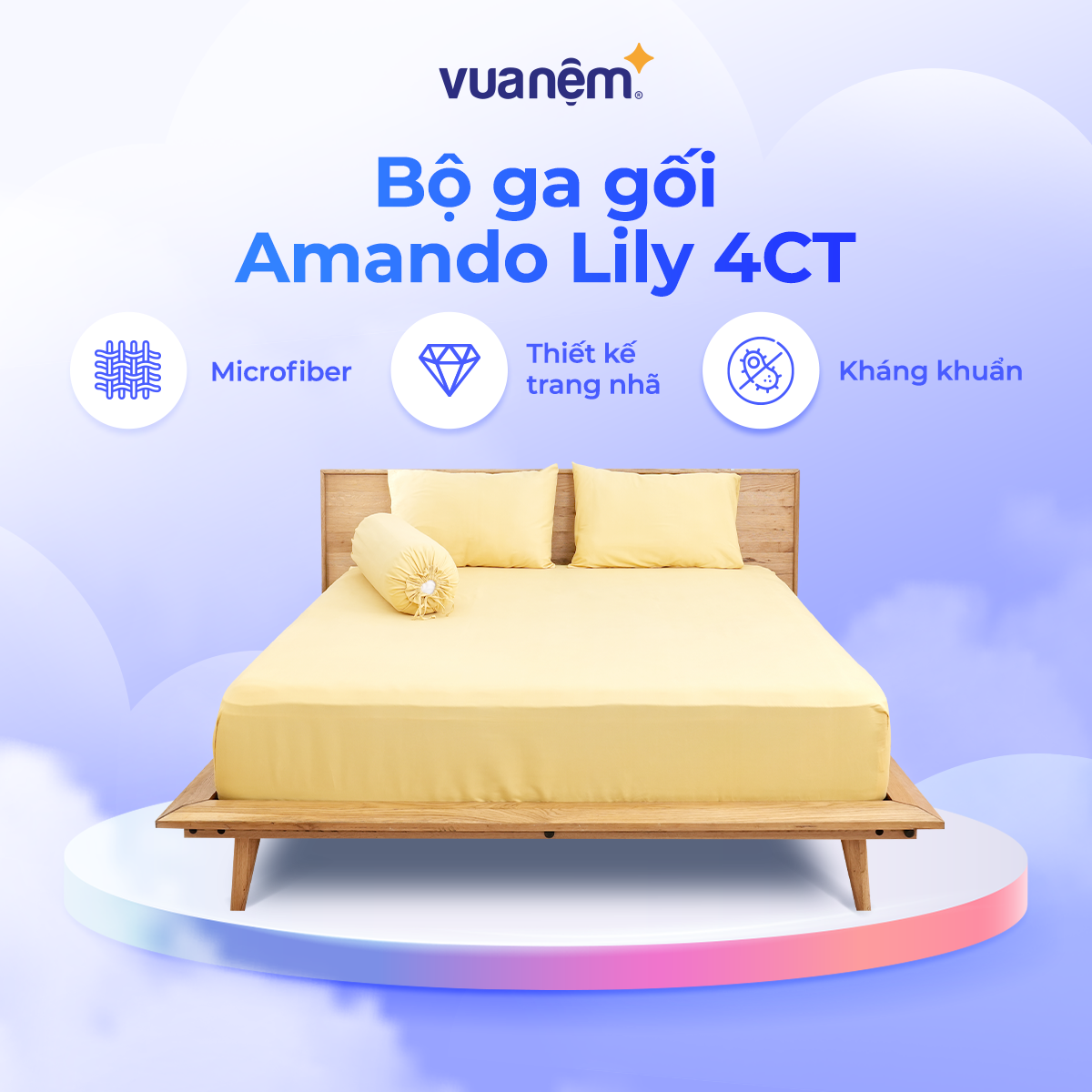 Bộ ga gối Amando Lily 4CT thoáng mát kháng khuẩn ẩm mốc