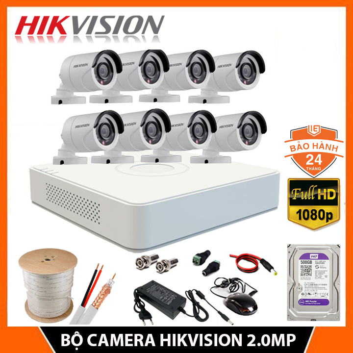 Bộ Camera giám sát HIKVISION 8 mắt 2.0MP - FHD 1080P - Ổ cứng HDD 500gB + Đầy đủ phụ kiện lắp đặt - Hàng chính hãng
