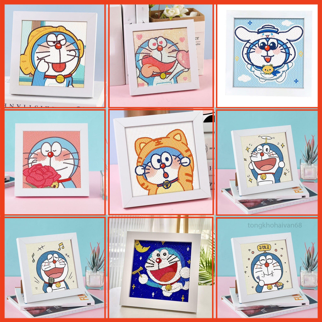 Tranh Đính Đá Doreamon Kèm Khung, Tranh Gắn Đá Mini 5D Tự Hoàn Thành, Tăng Khả Năng Sáng Tạo Cho Bé