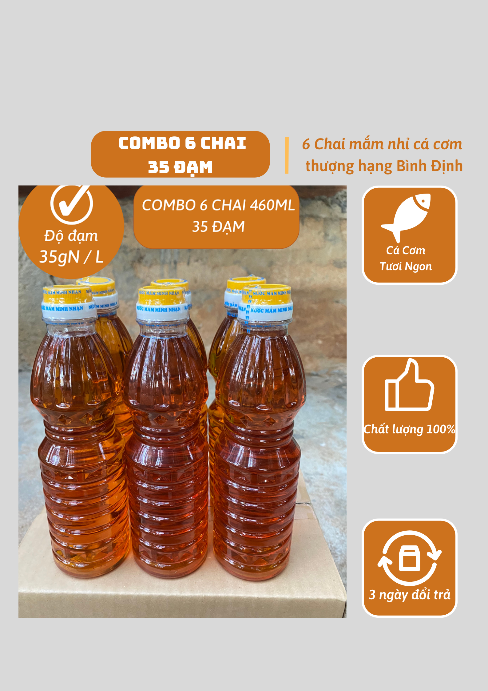 Nước mắm cá cơm nguyên chất truyền thống Bình Định thùng 6 chai độ đạm 35