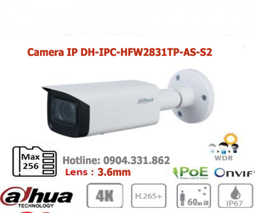 Camera ip dahua 8.0mp độ phân giải 4k dh-ipc-hfw2831tp-as-s2 chạy độc lập ghi hình thẻ nhớ không cần đầu ghi
