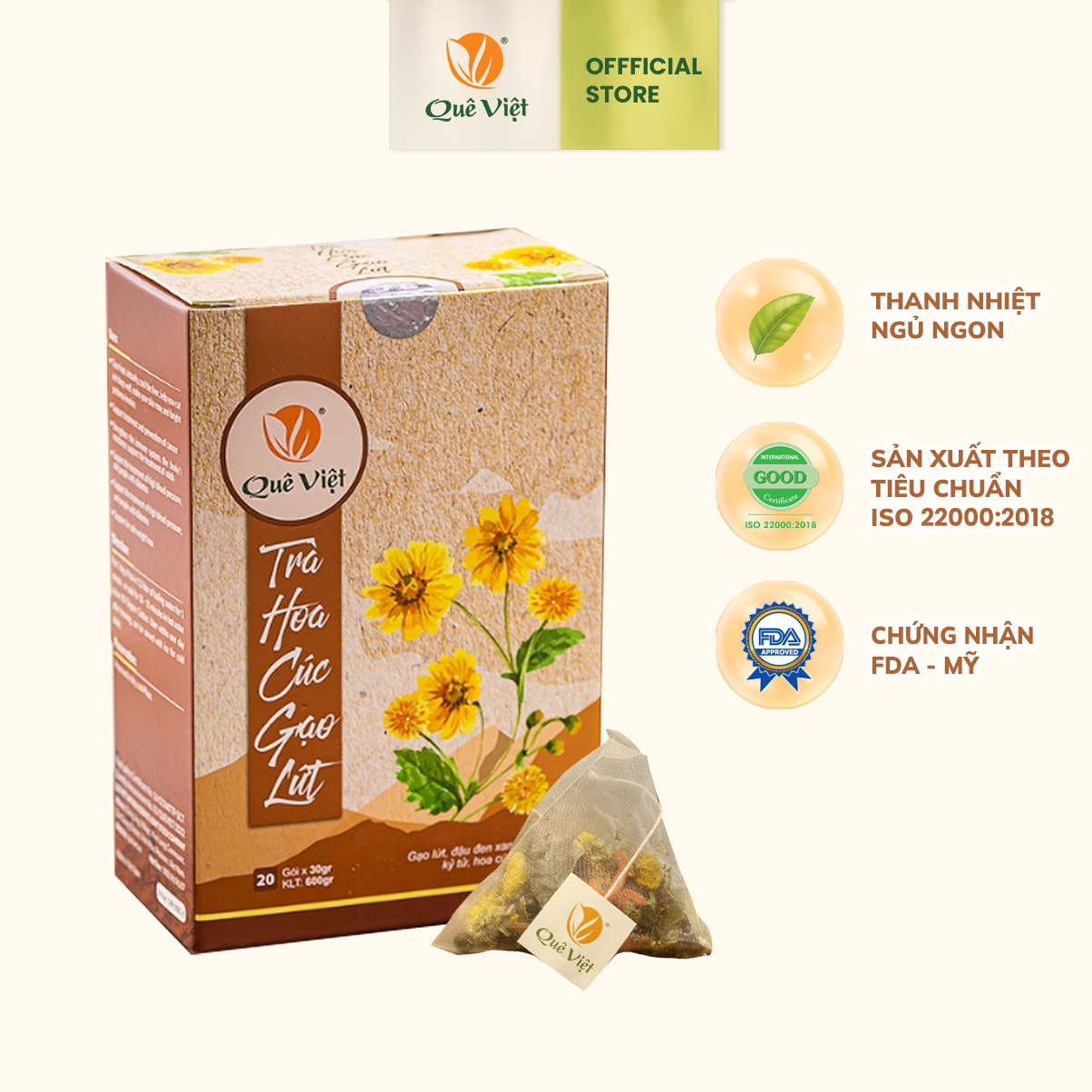 Trà hoa cúc gạo lứt Quê Việt hộp 600gr - Thanh nhiệt, giải độc gan, tăng cường miễn dịch, ngăn ngừa ung thư, ngăn ngừa huyết áp cao, tiểu đường (1 hộp * 600g)