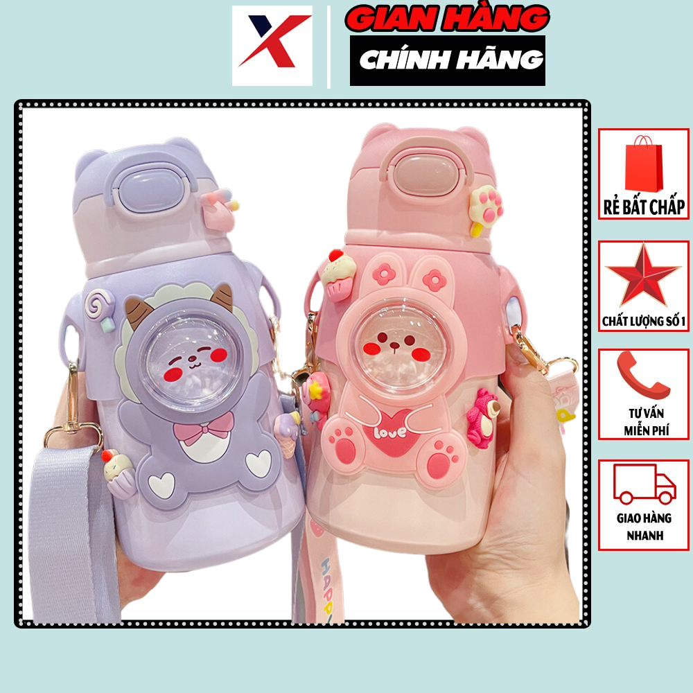 Bình giữ nhiệt cute có ống hút và dây đeo chéo loại 500ml cho bé, inox 316