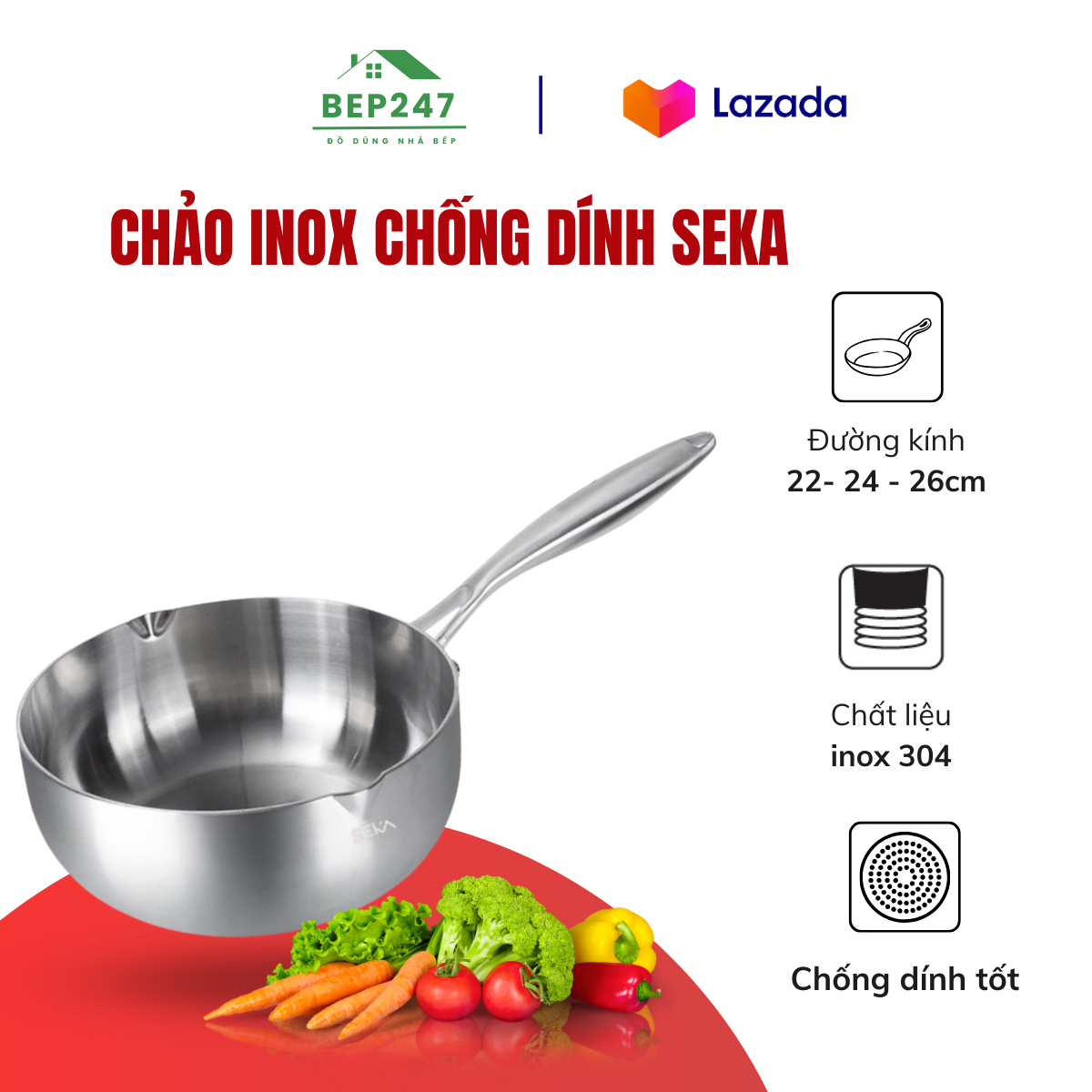 Chảo chống dính, chảo inox 304 nguyên khối seka model sk-6030 đủ các size dùng cho mọi loại bếp tặng kèm vỉ gác chảo hàng chính hãng