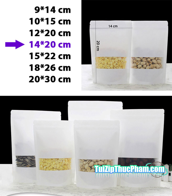 100 cái túi zip MIS size 14x20cm Túi giấy kraft trắng có cửa sổ, phủ PE 2 mặt, túi giấy đựng thực phẩm có zipper chất lượng cao