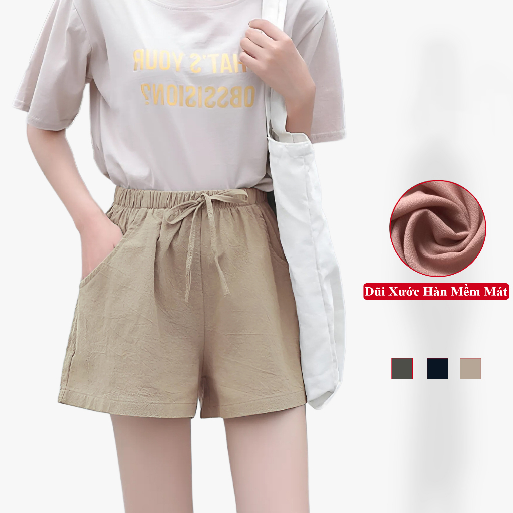 Quần đùi nữ ống rộng madela vải đũi hàn dày mát, quần short đũi ống rộng nữ