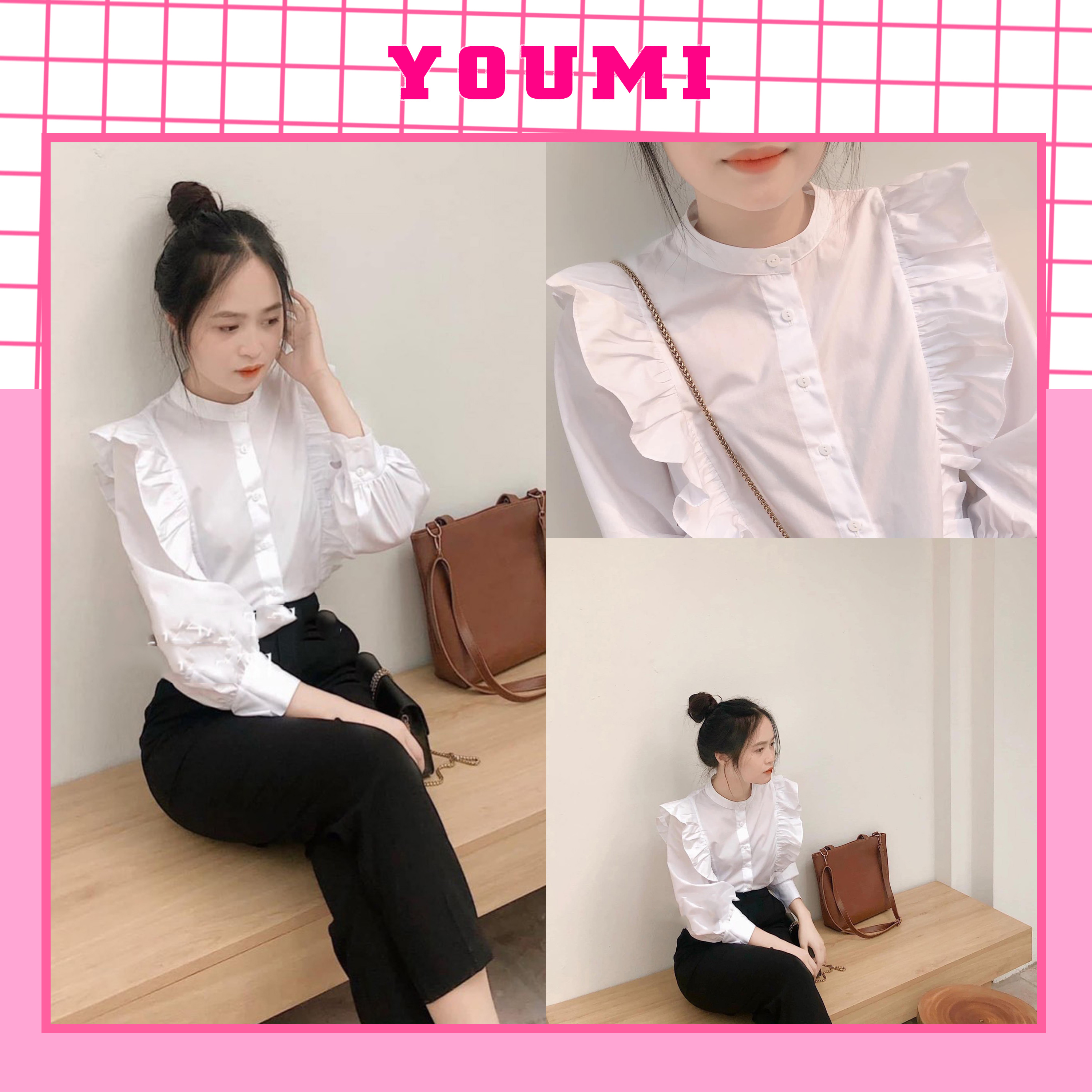 Áo sơ mi nữ cổ tàu dài tay sơ mi trắng bánh bèo nữ công sở YOUMI006