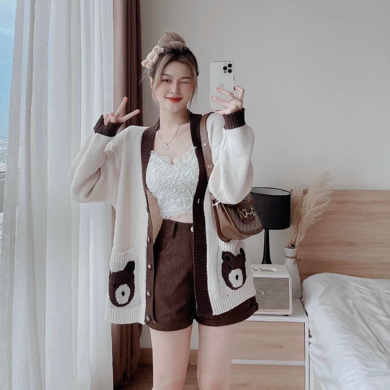Áo khoác cardigan len dệt kim túi gấu-cs