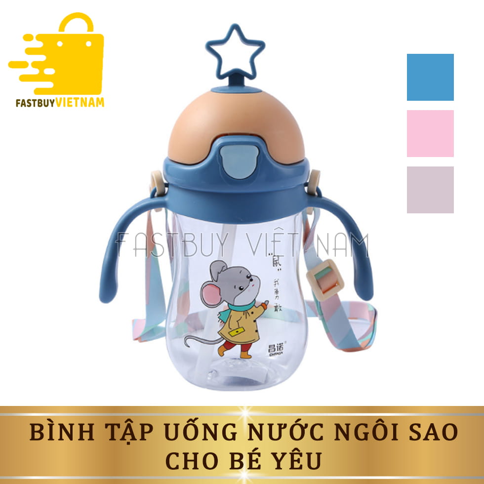 Bình tập uống nước chống sặc , Bình uống nước tay cầm hình tai thỏ / ngôi sao 280 ml  có dây đeo  cho bé