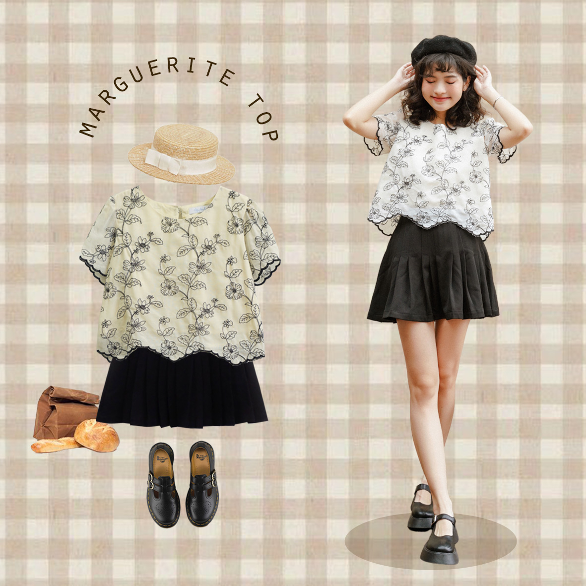 Bleubird áo thô lụa thêu hoa marguerite top