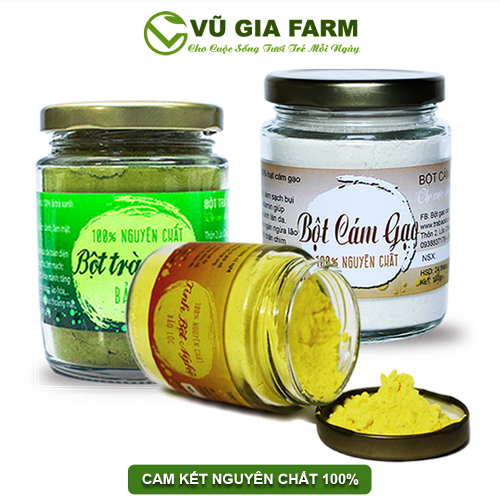Combo Bột Trà Xanh + Tinh Bột Nghệ + Bột Cám Gạo - Nguyên Chất Vũ Gia (100g/ml) - Dưỡng da hiệu quả, giữ ẩm lâu, tái tạo da chết, phục hồi tổn thương sau mụn - Đã được kiểm nghiệm y tế