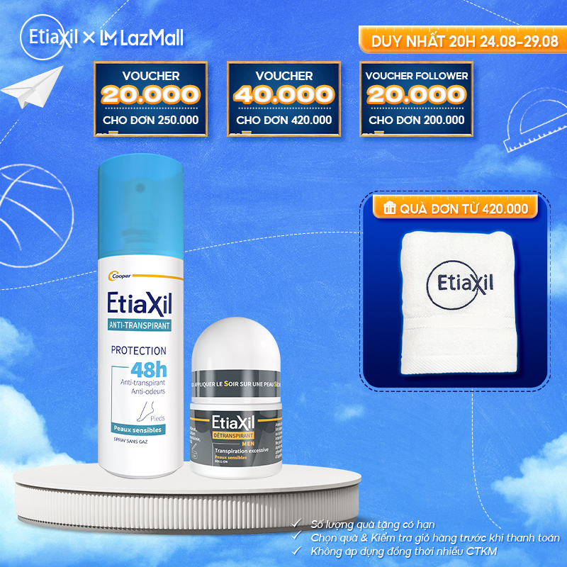 Combo lăn khử mùi mồ hôi dành cho nam giới etiaxil men 15ml và xịt khử mùi hôi dành cho chân 48h etiaxil 100ml