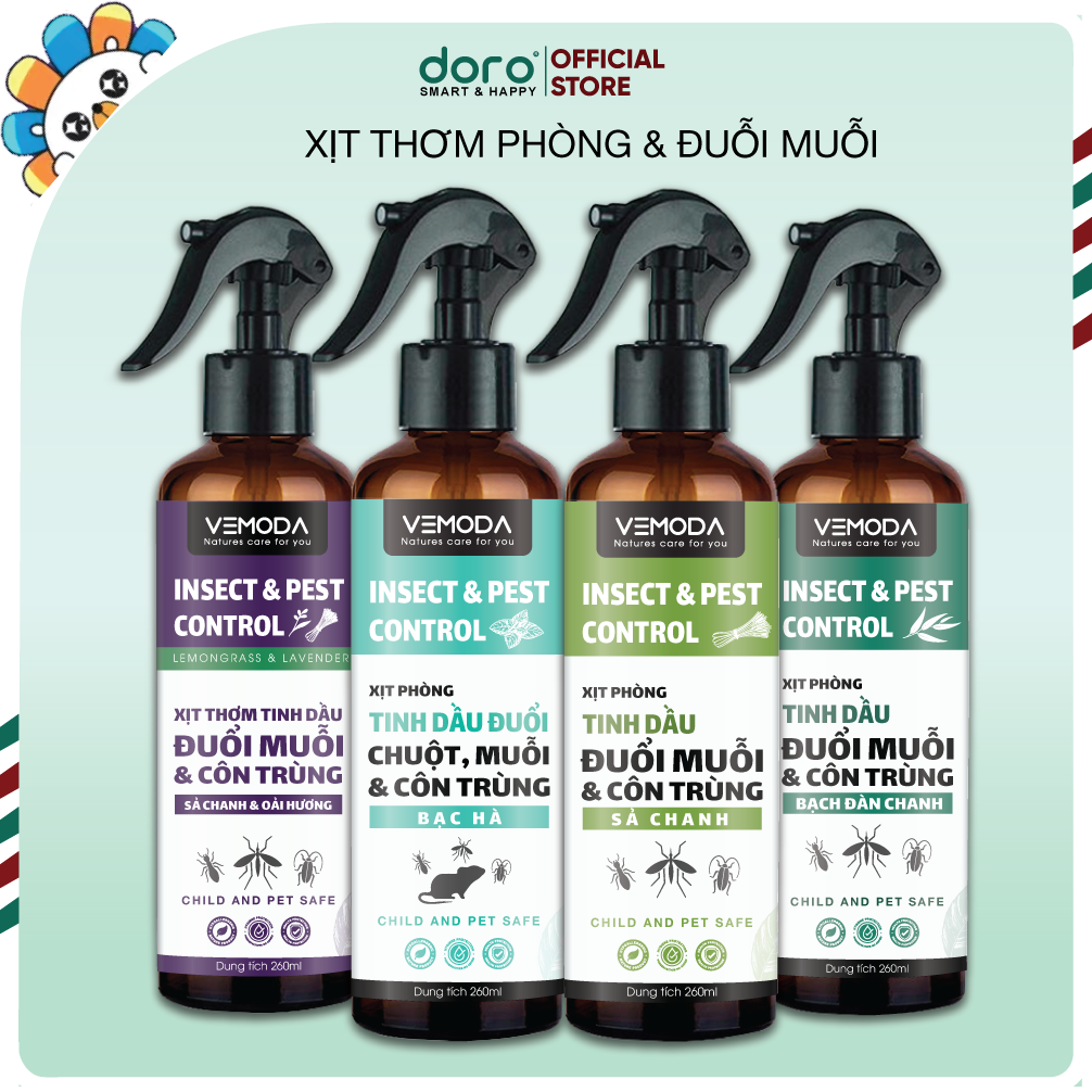 Xịt phòng tinh dầu Sả chanh, Bạc hà, Quế, Bạch đàn chanh Vemoda - đuổi muỗi, khử khuẩn, thơm phòng, thư giãn hiệu quả