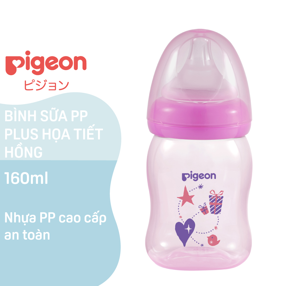 Bình sữa cổ rộng PP Plus họa tiết hồng Pigeon 160ml (SS) WN2
