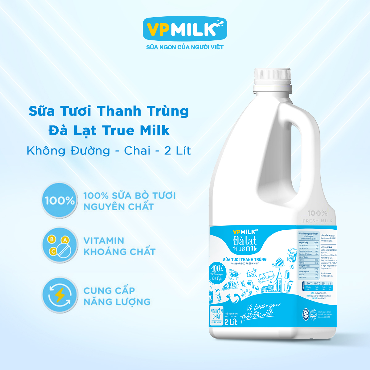 [VẬN CHUYỂN HỎA TỐC HCM] Sữa Tươi Thanh Trùng Đà Lạt True Milk Không Đường 2 Lít