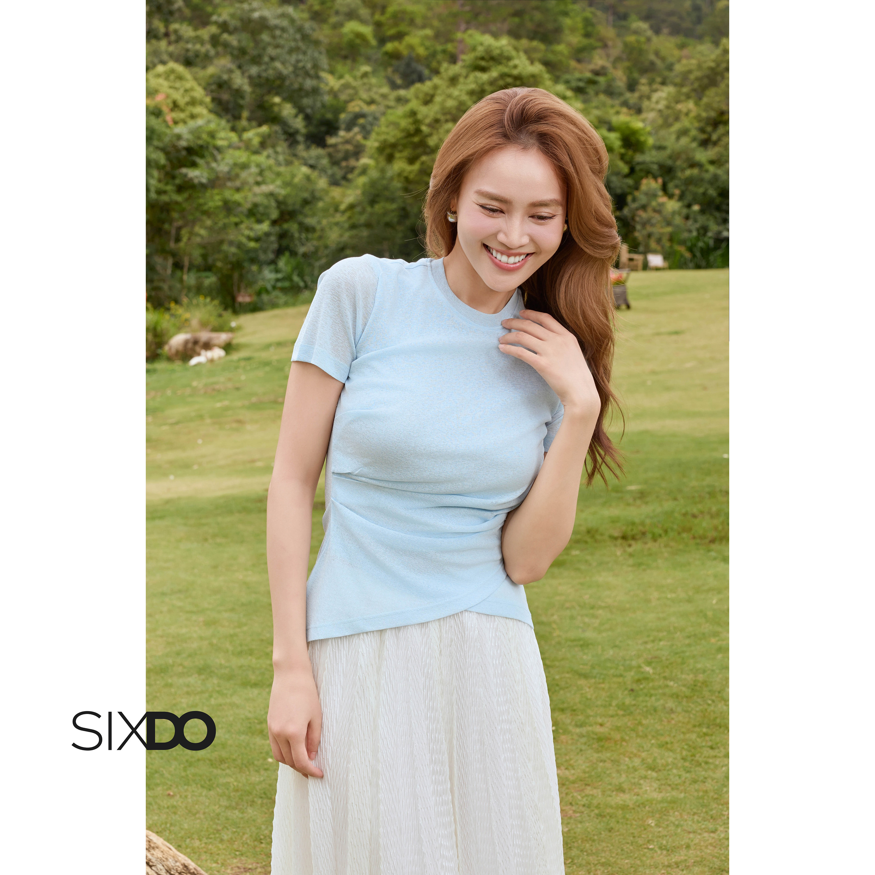  Áo kiểu cổ tròn ngắn tay ly eo SIXDO  Light Blue Woven Blouse  