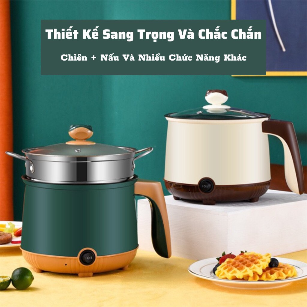 Nồi điện mini 2 tầng đa năng tặng kèm khay hấp - Nồi lẩu chống dính 1,8 lít cho 1-2 người ăn