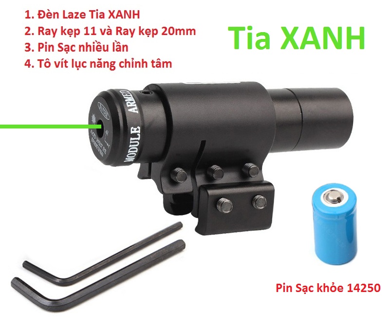 Đèn Laze Tia XANH dùng Pin Sạc Nhiều Lần 14250 - Đèn cao cấp chỉnh được tâm tia Laser gắn RẢNH ----- ( Trái hoặc Phải ) - Có kèm Cục sạc pin