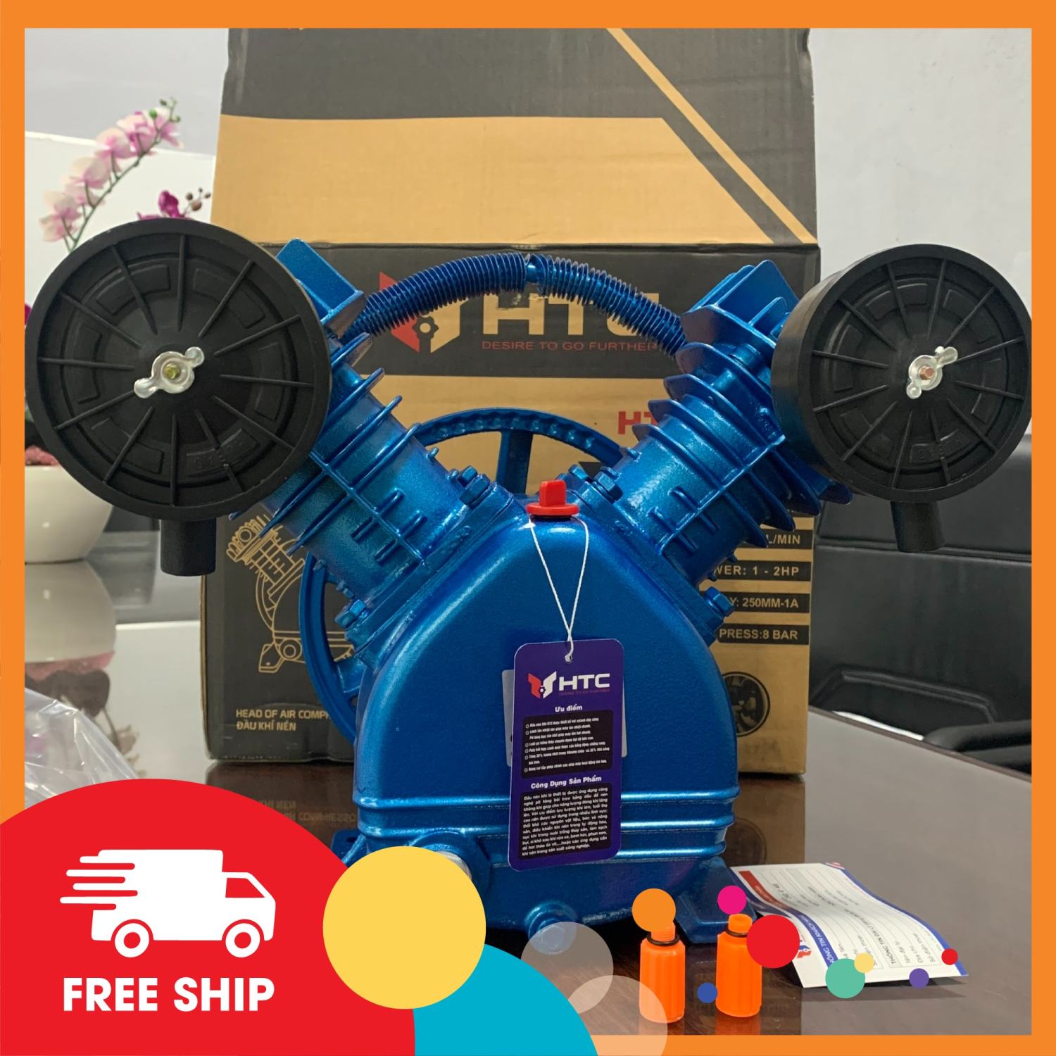 Đầu nén khí 2 Piston 65mm, CS1HP-2HP, màu xanh Puma hiệu HTC HTC2X65A