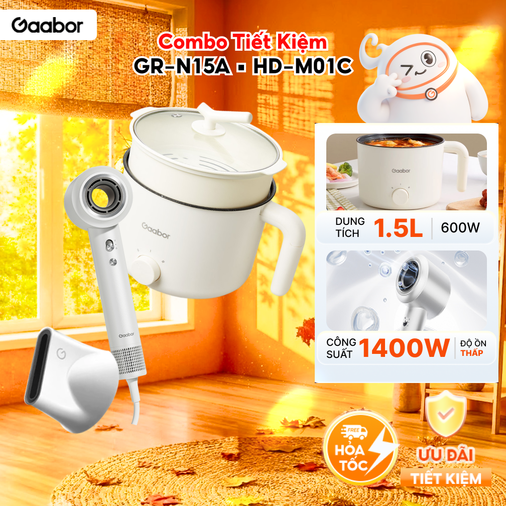 Combo 025 Nồi điện đa năng 1,5L chống dính GR-N15A và Máy sấy tóc ion âm 4 chế độ gió tốc độ cao màu trắng HD-M01C - Bảo hành 12 tháng1 đổi 1