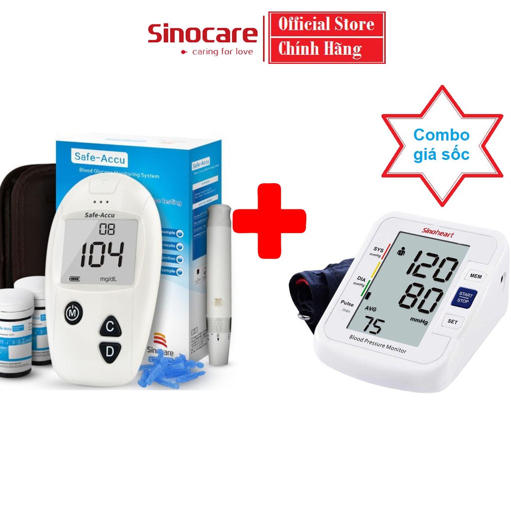 Combo Máy Đo Đường Huyết Safe Accu + Máy Đo Huyết Áp Sinoheart Chính Hãng Sinocare