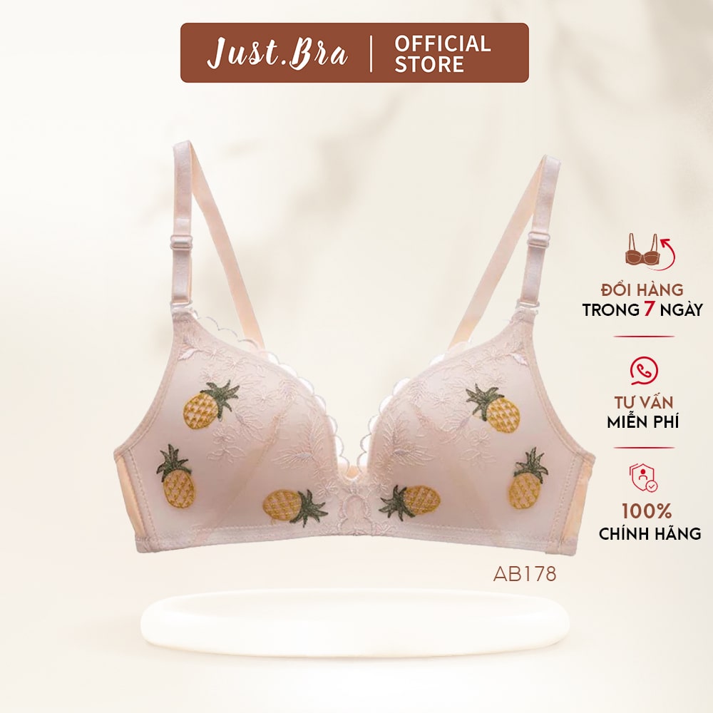 Áo ngực không gọng Just Bra mút mỏng mặt trước ren lưới thêu họa tiết hoa quả xinh xắn AB178