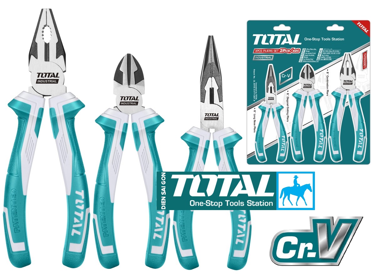 Bộ 3 kềm điện kềm cắt kềm nhọn thép cr-v total tht2k0301