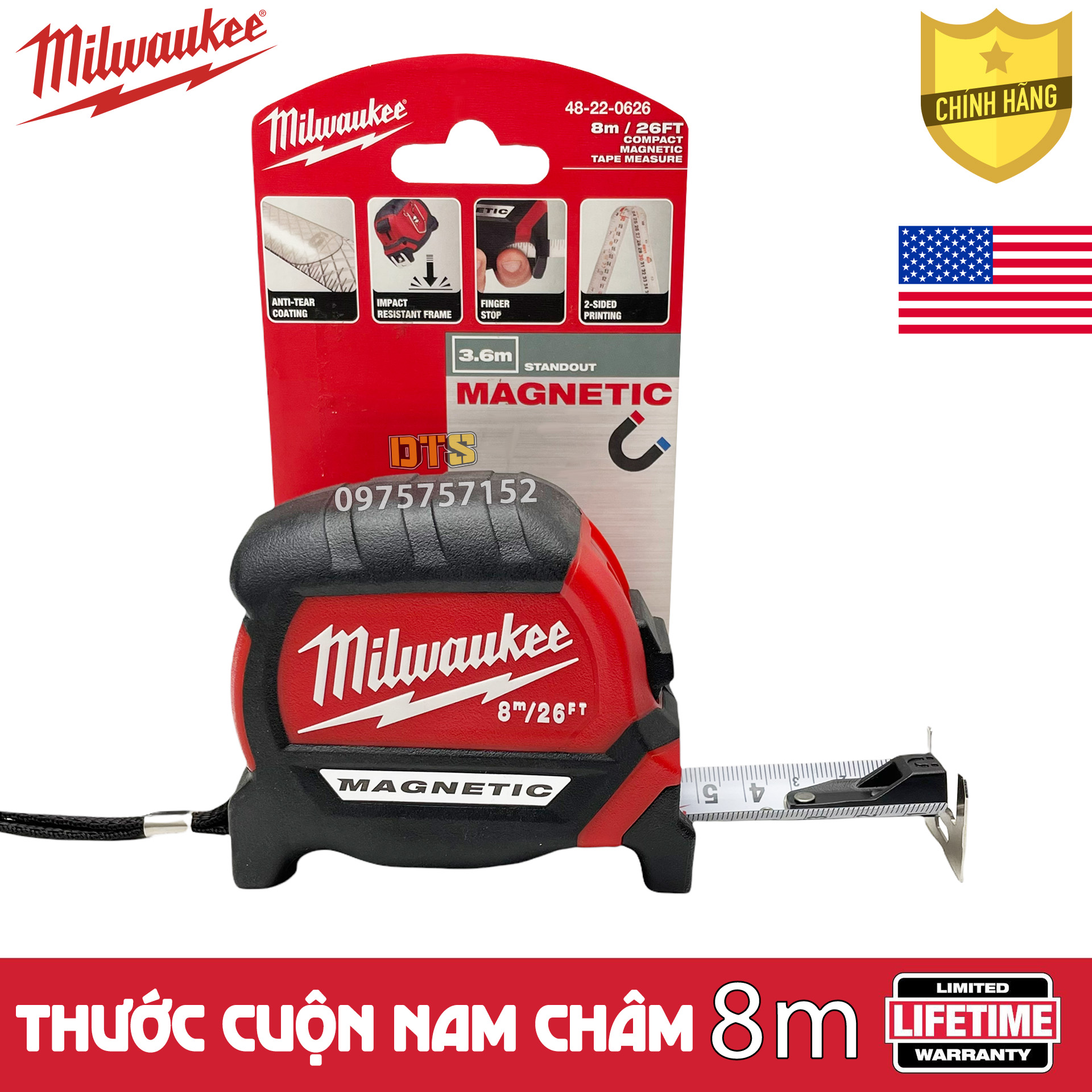 Thước kéo tích hợp nam châm 8m Milwaukee Mỹ siêu bền, thước cuộn thép 2 mặt nền trắng công nghiệp độ chính xác tuyệt đối, chữ số vạch chia khắc laser phủ nylon, vỏ bọc cao su chống va đập, thước rút, thước dây thép, thước