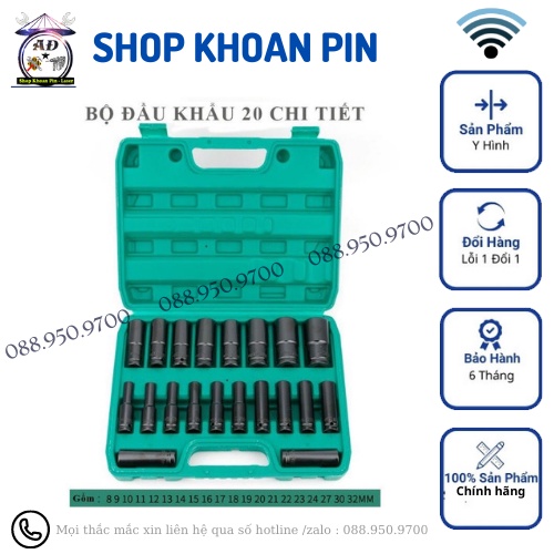 Bộ đầu khẩu 20cái và loại 10cái bắn ốc đầu 1/2 siết bulong