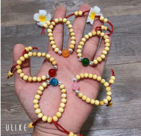 Vòng dâu tằm kèm hạt bạc và đá phong thủy cho bé (Chọn màu đá theo mệnh của bé)