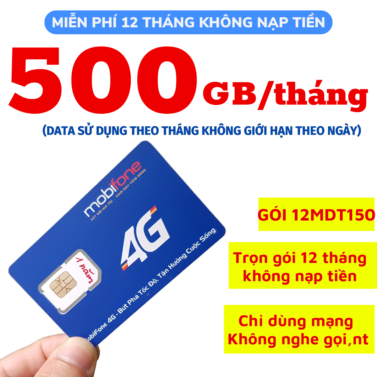 [ TRỌN GÓI CẢ NĂM ] Sim Mobi 4G 12MDT150 , Truy cập Internet thả ga với 500GB 1 tháng FREESHIP - CHƯA KÍCH HOẠT