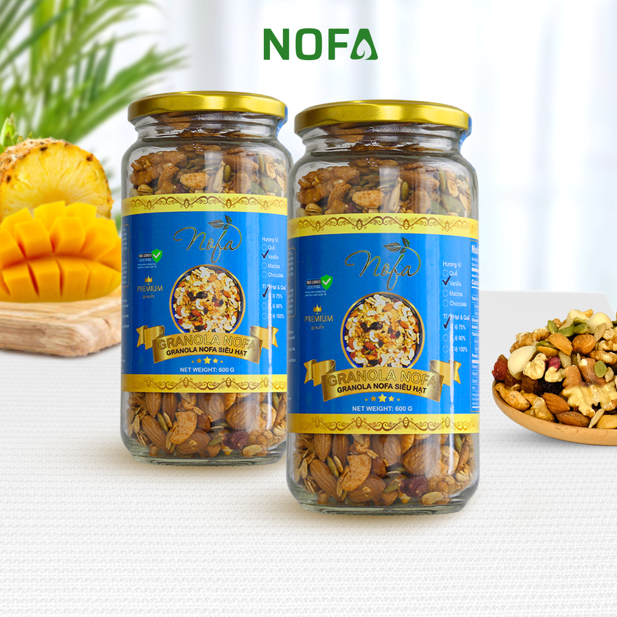 Granola ngũ cốc siêu hạt ít yến mạch Nofa, ngũ cốc giảm cân ăn kiêng, bữa sáng tiện lợi, thêm macca, óc chó đỏ, dâu tây.