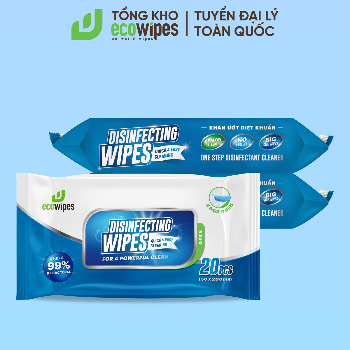 Khăn giấy ướt diệt khuẩn EcoWipes gói 20 tờ có cồn diệt 99,9% vi khuẩn có hại trên nhiều bề mặt dễ dàng vệ sinh lau chùi