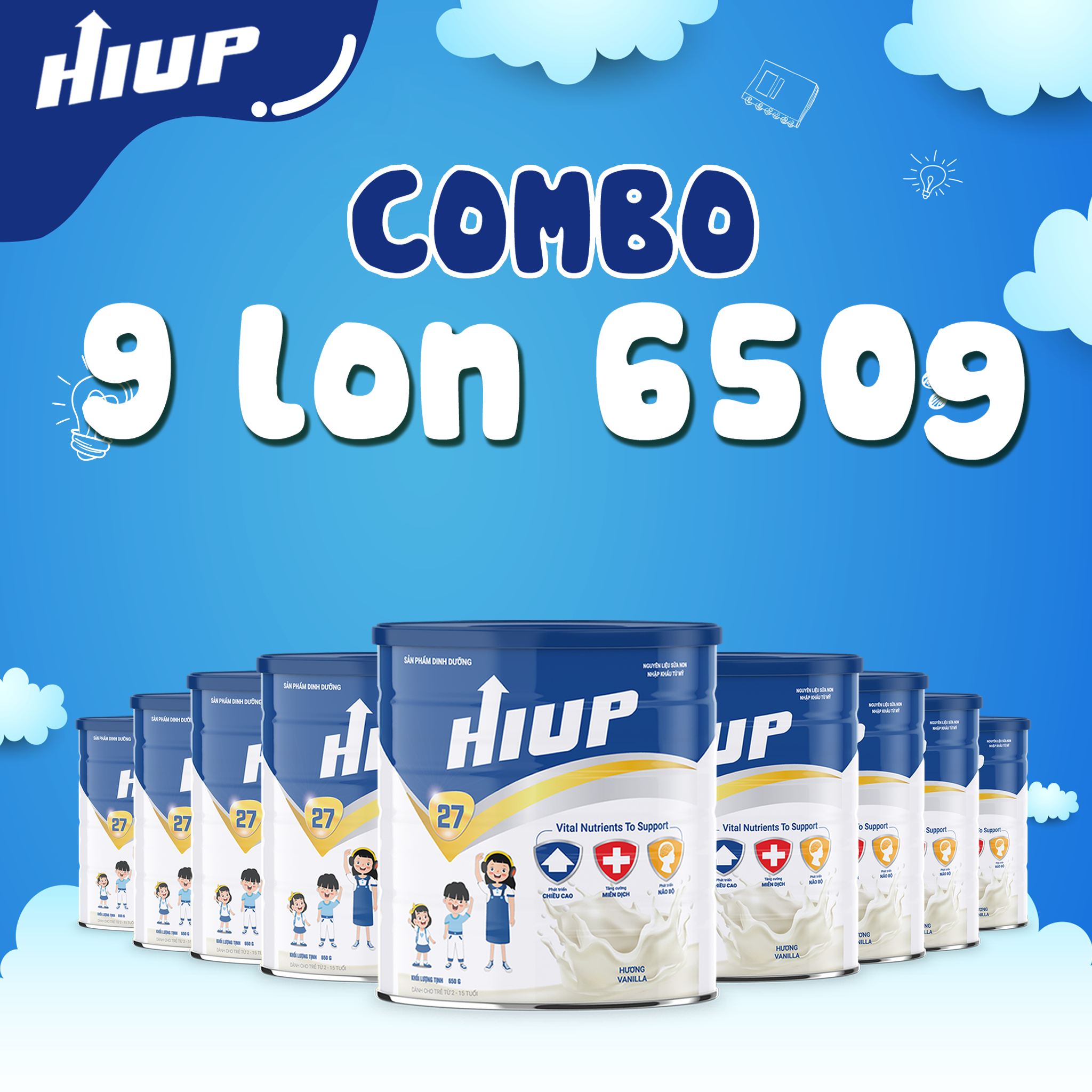 Combo 9 hộp sữa hiup 650g cho trẻ từ 2 - 15 tuổi bổ sung canxi, dha, vitamin d3 k2, protein, sữa bột tăng chiều cao cho bé hàng chính hãng - not vat