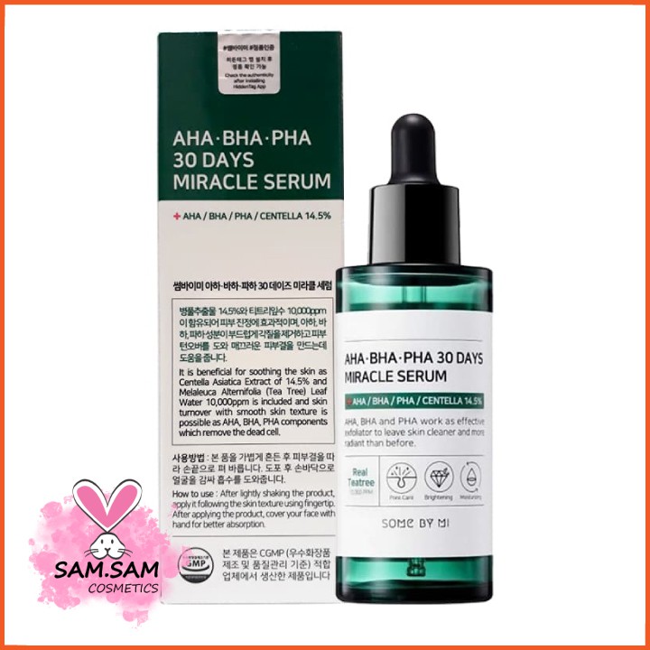 Tinh chất mụn Some By Mi aha-bha-pha 30 days miracle serum 50ml, được sản xuất từ các thành phần lành tính, đảm bảo chất lượng như mô tả, an toàn cho người sử dụng